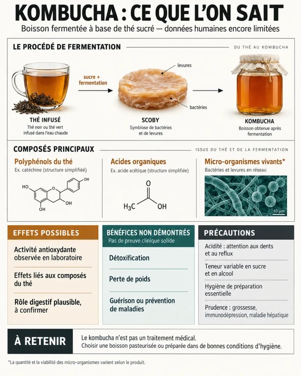 Infographie scientifique sur les bienfaits potentiels du kombucha, ses composants et les limites des preuves