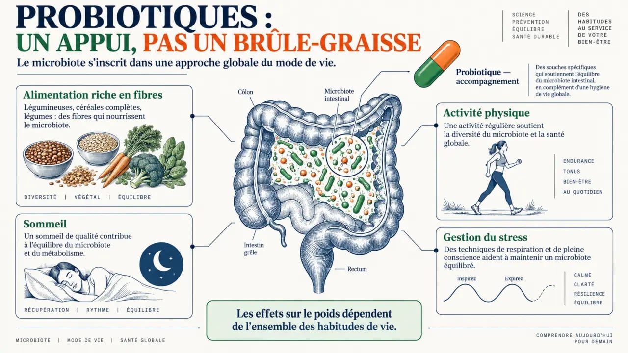 Infographie scientifique sur le probiotique maigrir, le microbiote intestinal et les habitudes qui accompagnent une perte de poids