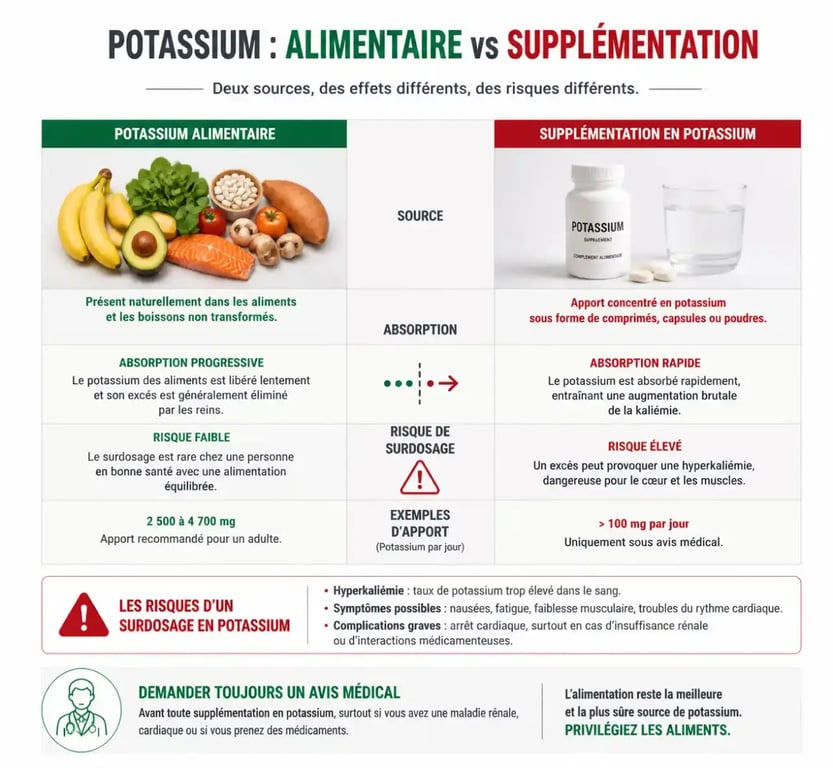 Schéma comparatif sur la sécurité et le dosage du complément alimentaire potassium