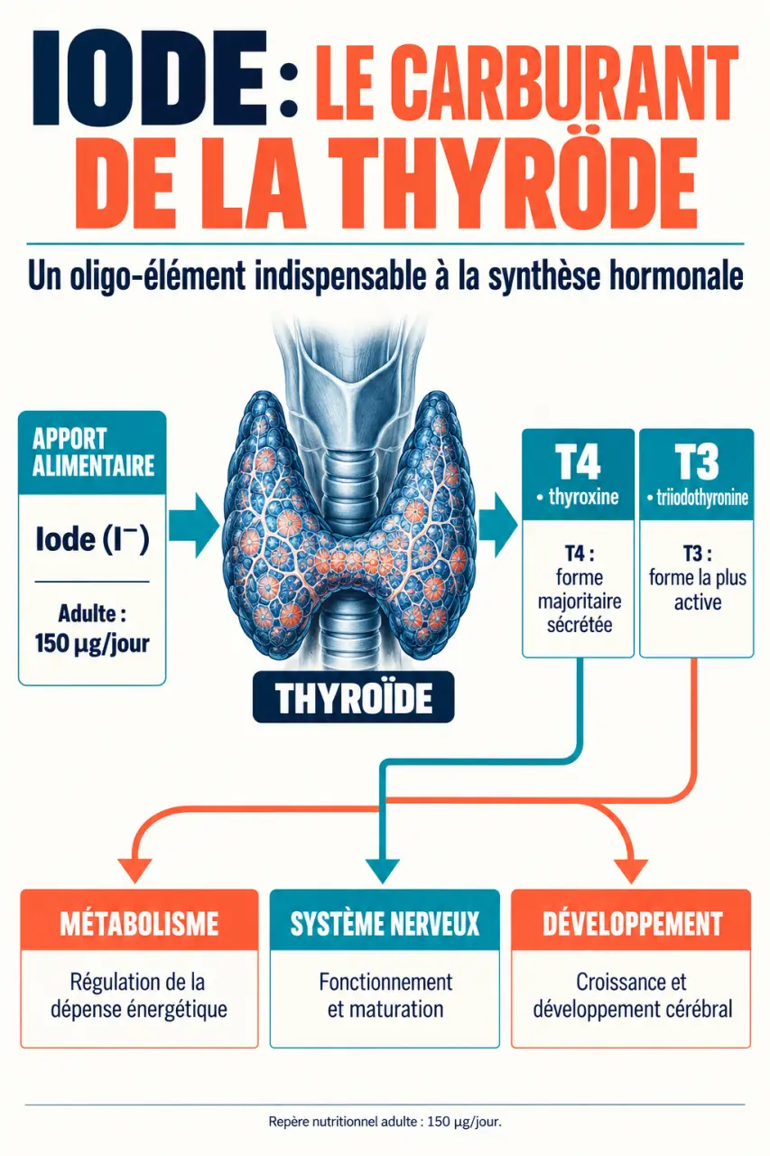 Infographie sur le rôle de l’iode complément alimentaire dans la thyroïde et la production des hormones T3 et T4