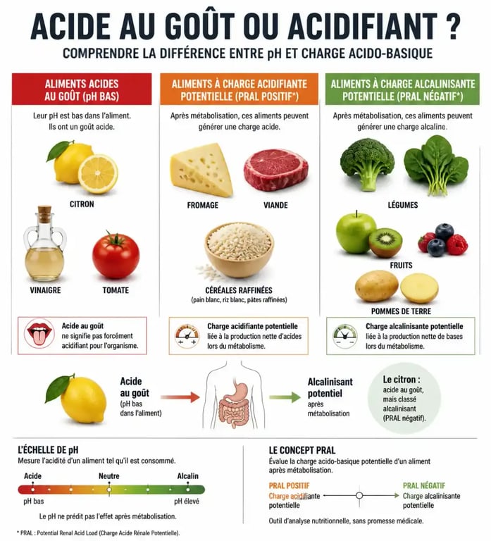 Infographie sur l’aliment acide, le citron, le PRAL et la différence avec un aliment acidifiant