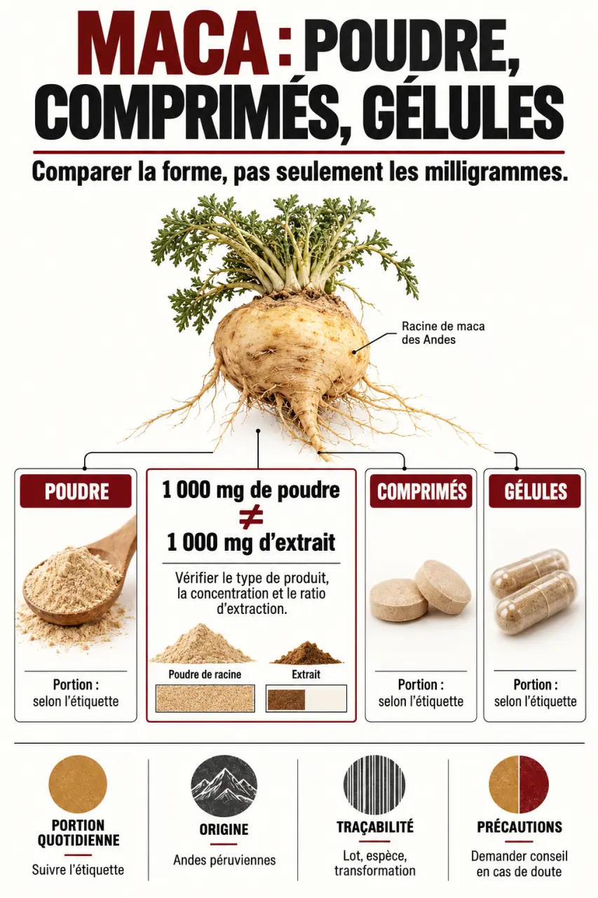 Maca complément alimentaire : comparaison visuelle entre poudre, comprimés et gélules