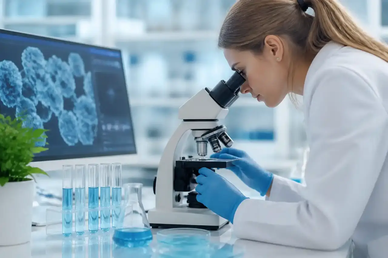 Microscope high-tech dans un laboratoire épuré, illustrant l'analyse de la santé cellulaire