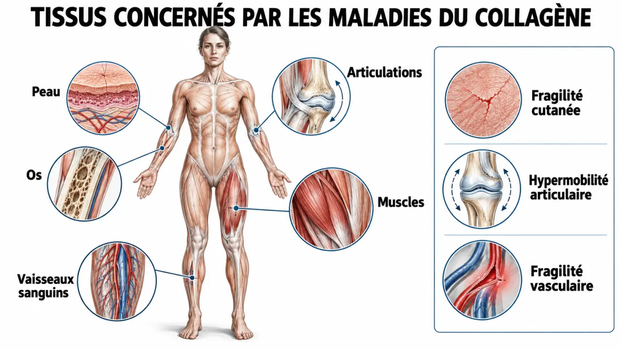 Schéma des maladies du collagène et de leurs symptômes touchant la peau, les articulations, les os et les vaisseaux
