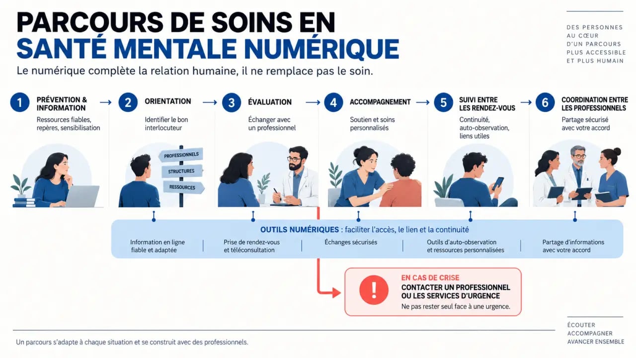 Schéma d’un parcours de soins santé mentale numérique, de la prévention à la coordination des soins