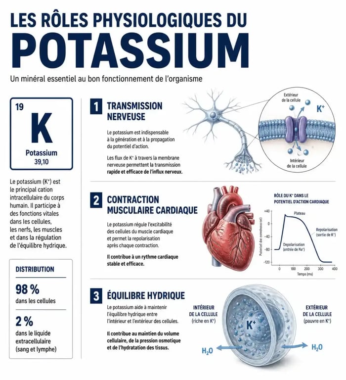 Infographie sur les rôles du complément alimentaire potassium dans l'organisme