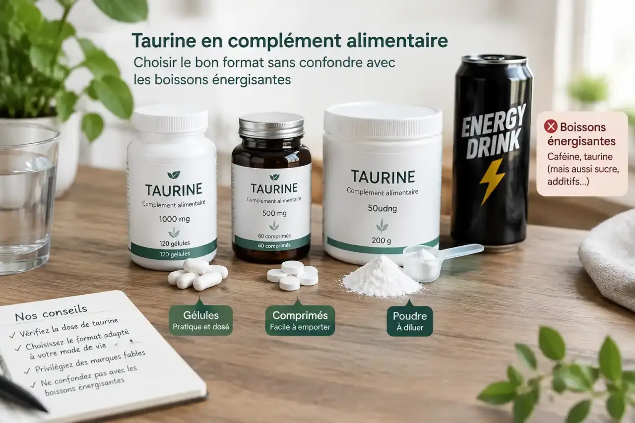 Taurine en complément alimentaire : choisir le bon format sans confondre avec les boissons énergisantes