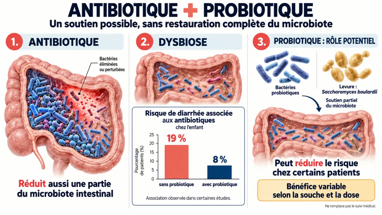 Infographie sur antibiotique et probiotique, dysbiose et prévention de la diarrhée