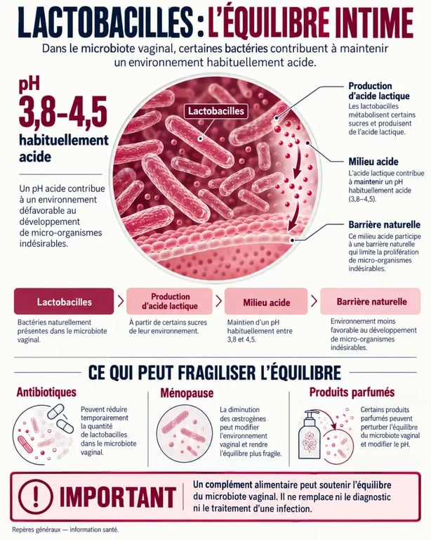 Infographie sur le complément alimentaire flore intime, les lactobacilles, le pH vaginal et l’équilibre du microbiote