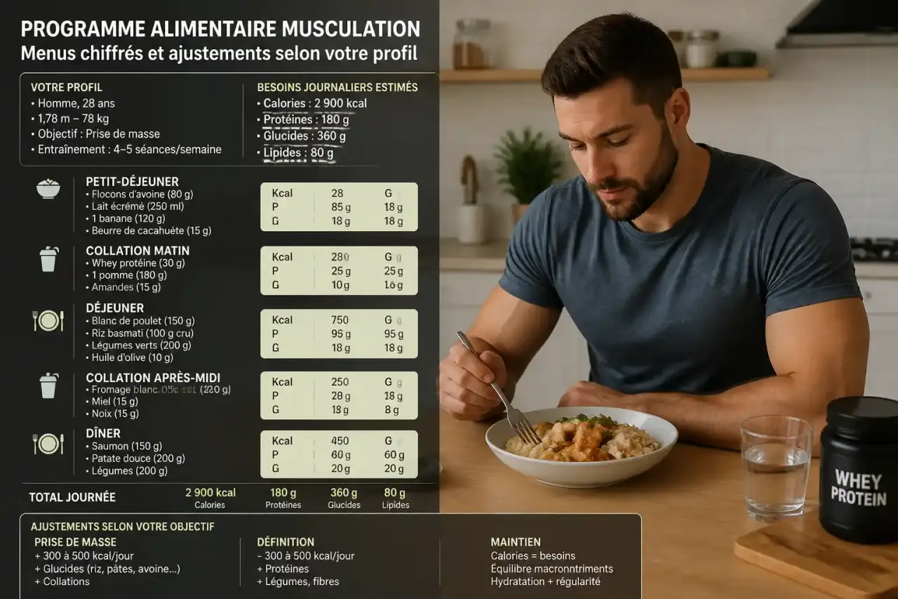 Programme alimentaire musculation : menus chiffrés et ajustements selon votre profil