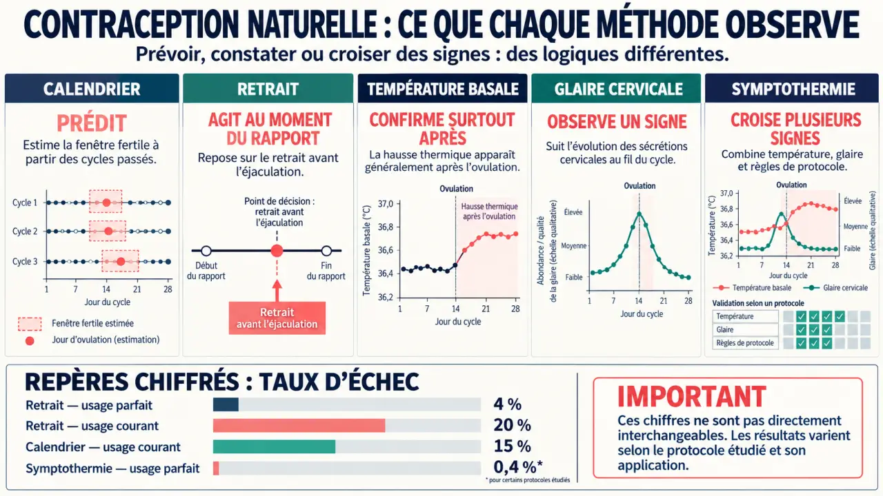 Infographie sur la contraception naturelle, ses méthodes et les différences entre usage parfait et usage courant