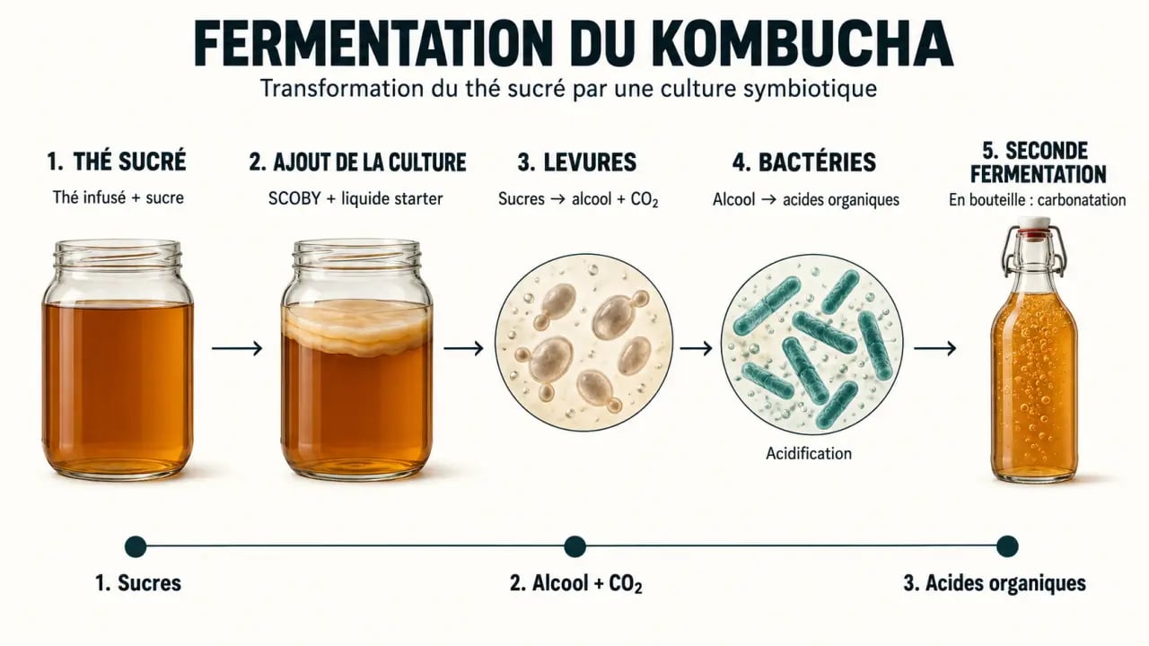 Schéma du cycle de fermentation du kombucha avec SCOBY, levures, bactéries et acides organiques