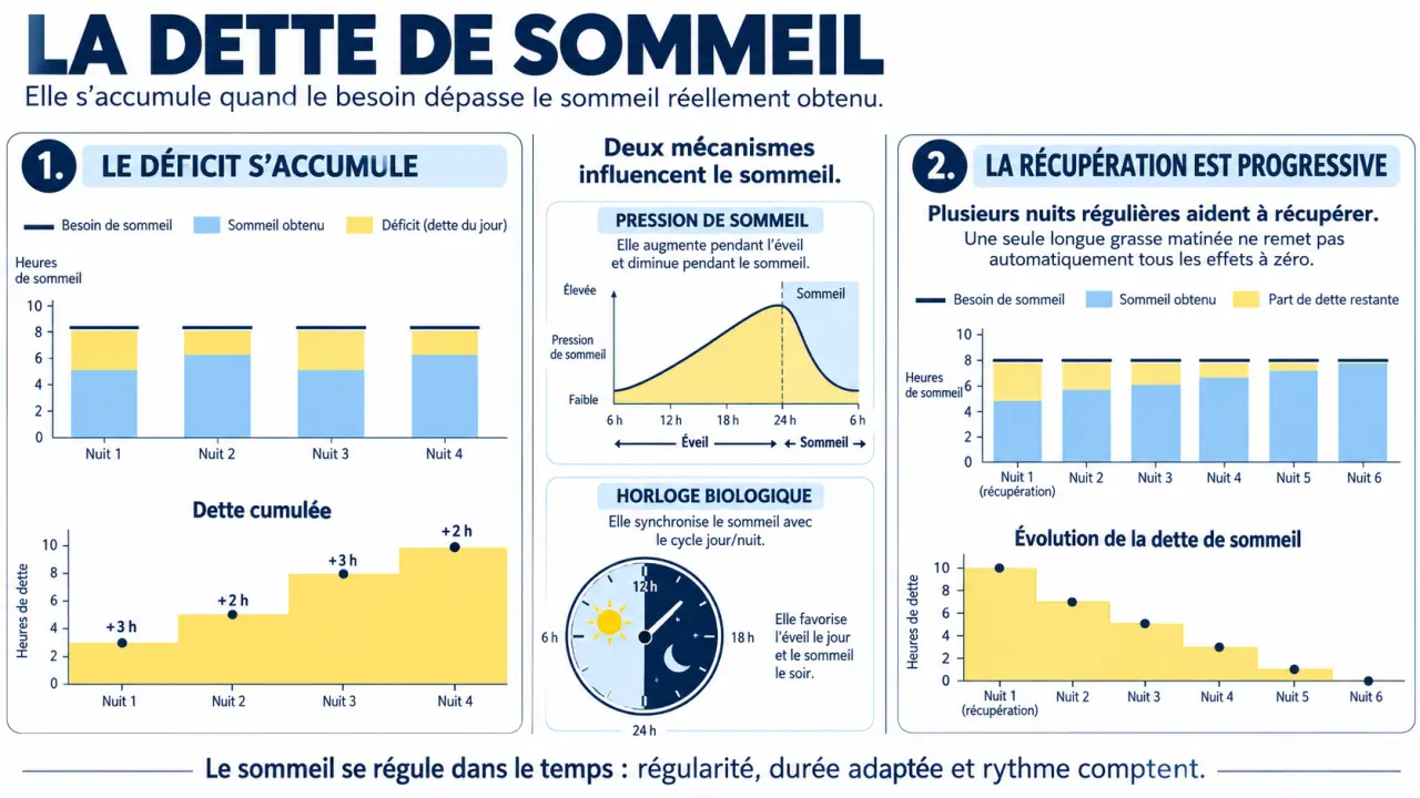 Visuel explicatif sur la dette de sommeil, son accumulation et la récupération progressive