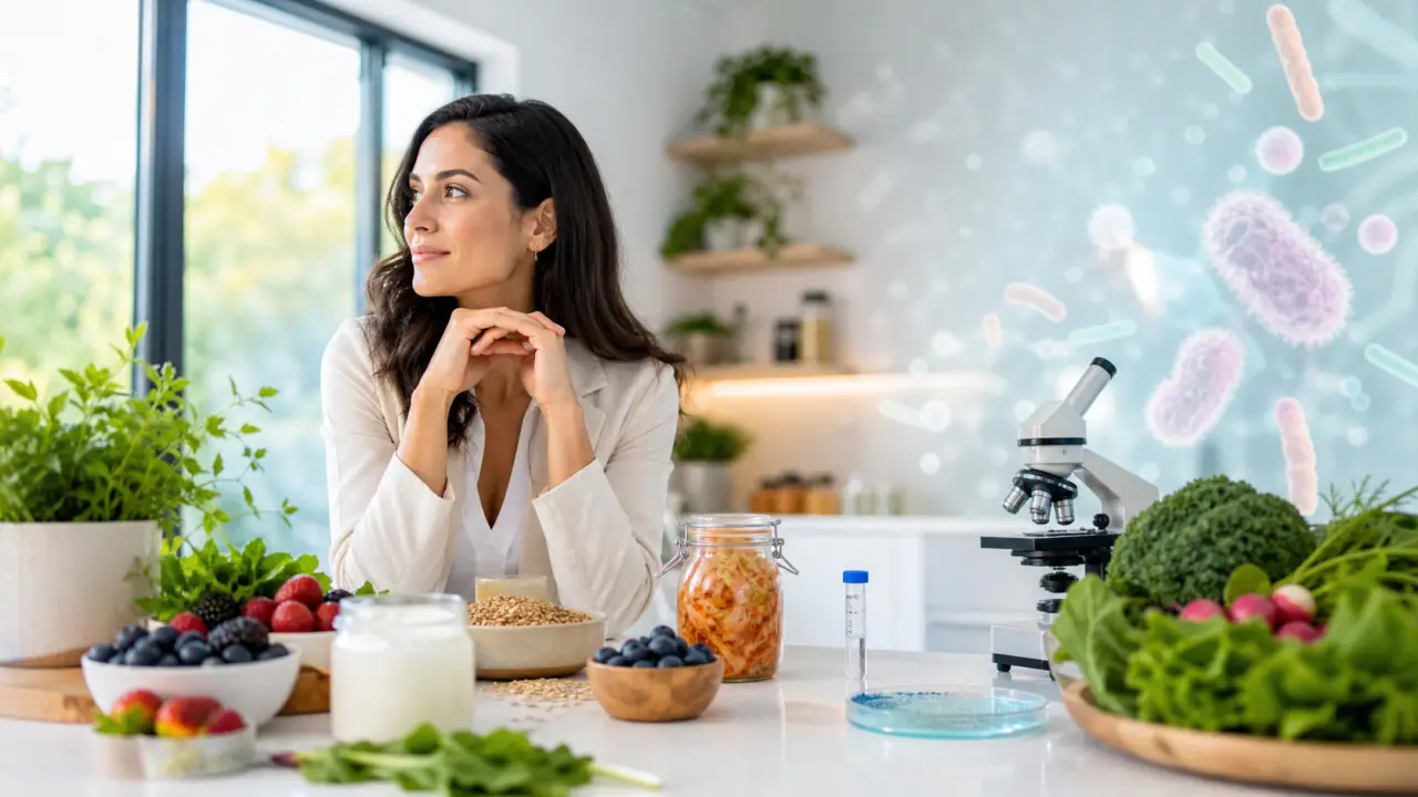 Microscope high-tech dans un laboratoire lumineux, symbole de l'analyse du microbiome