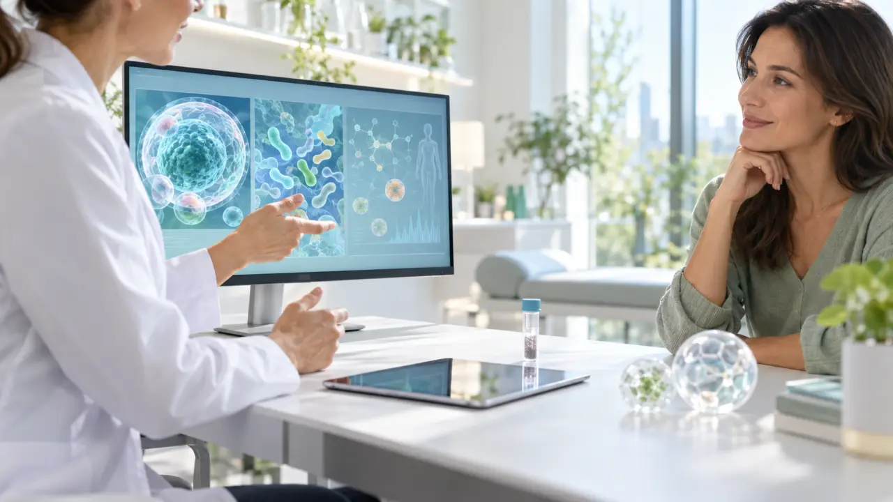 Professionnel de santé analysant des marqueurs biologiques liés à la santé cellulaire
