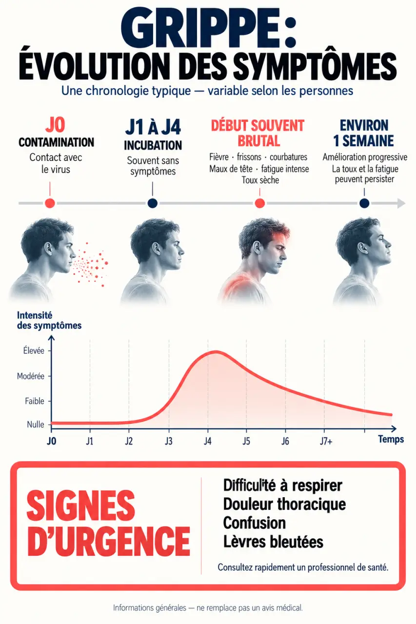 Infographie sur les symptômes de la grippe, leur apparition, leur durée et les signes d'urgence