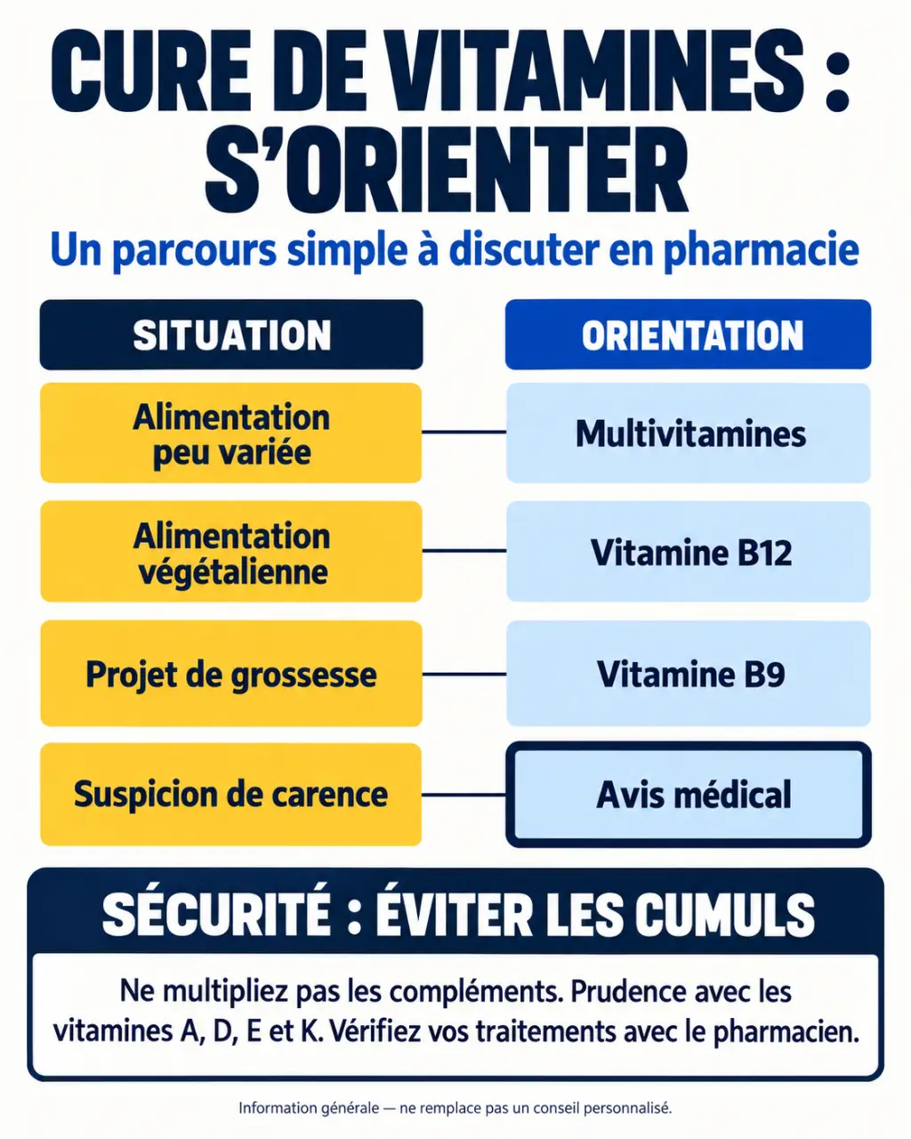 Cure vitamines pharmacie : schéma pour choisir entre multivitamines, supplémentation ciblée et avis médical