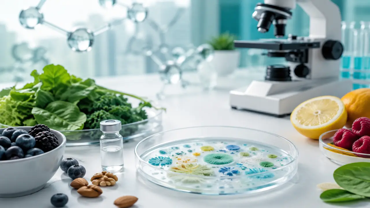 Microscope high-tech dans un laboratoire lumineux, évoquant l'analyse du microbiome